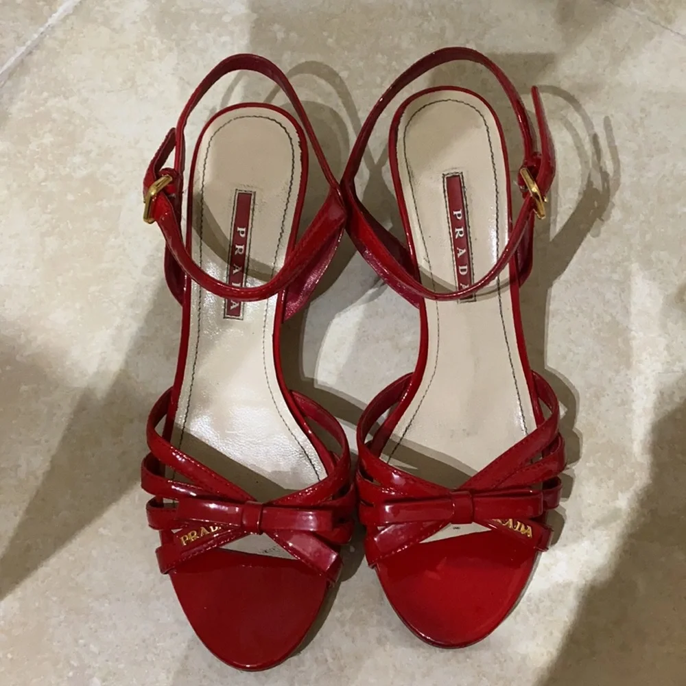 Prada Red Patent Leather Strappy Slingback Sandals - Picture 2 of 3